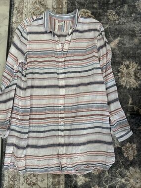 Garnet Hill Linen Striped Button-Down Tunic Top Coverup